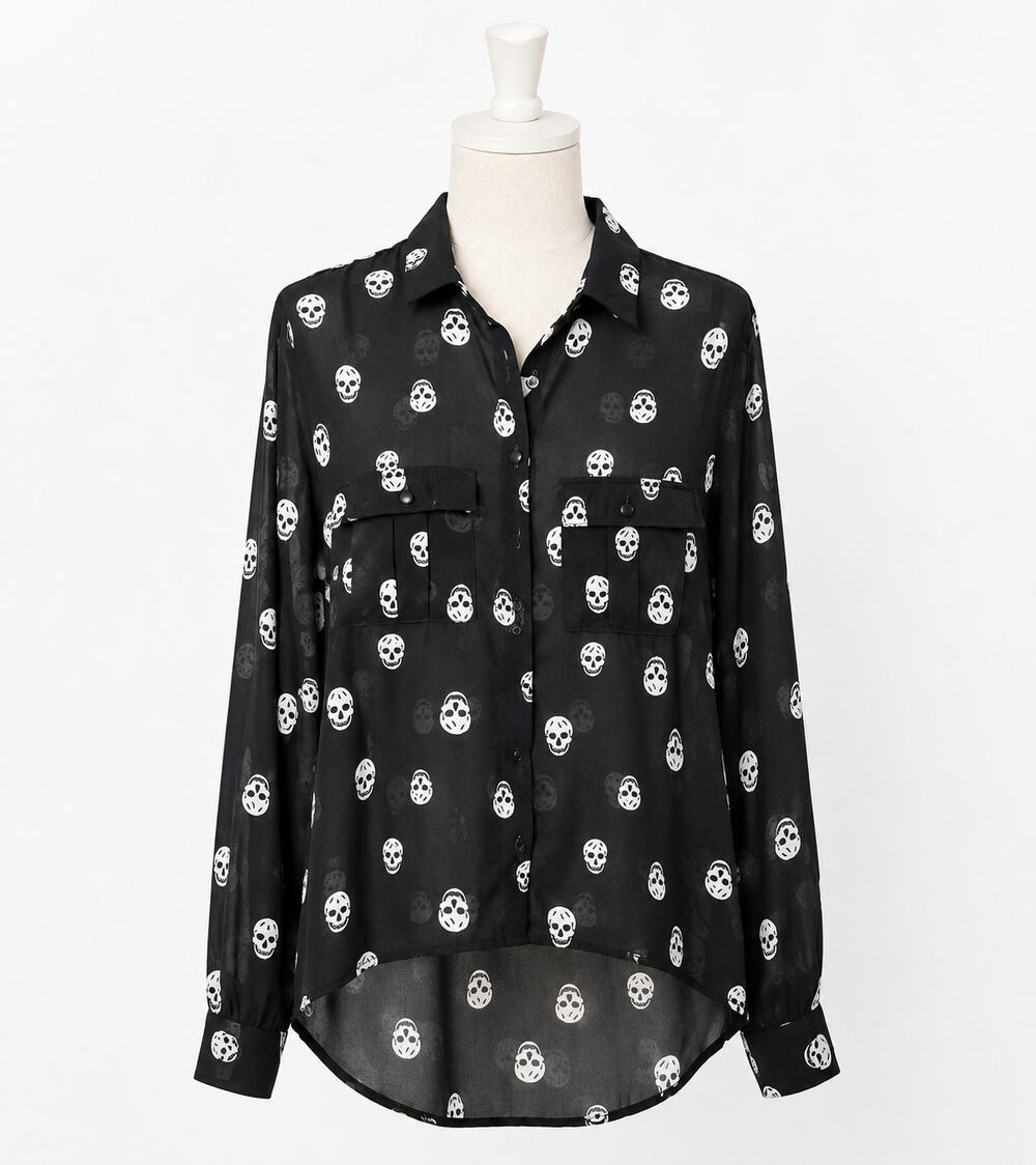 Cotton On | Skull Shirt Black Button Down Sheer Layering Halloween Long Sleeve